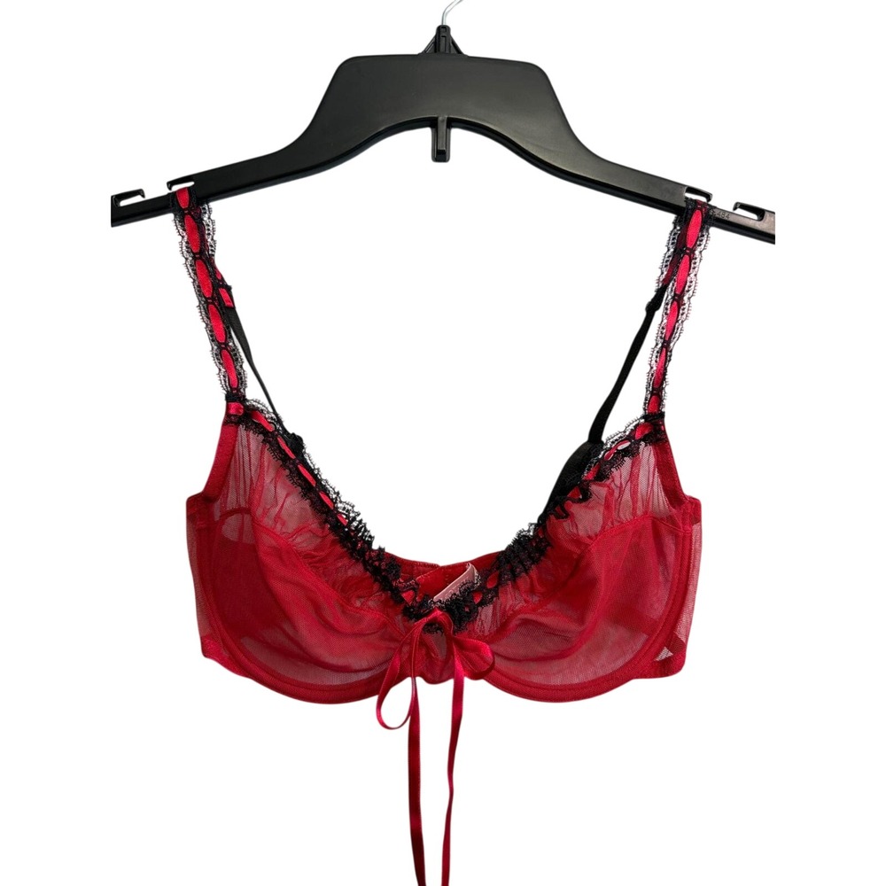 Vintage Y2K Victoria's Secret Red Sheer Mesh Black Lace Trim Ribbon Bow Bra 34C